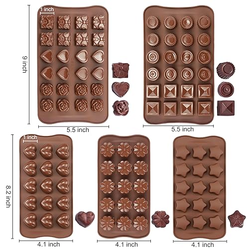 5 Pieces Silicone Chocolate Molds for Fat Bombs Snacks & Truffles, 93-Cavity Caramel Hard Candy Mold (Square, Round, Heart, Star, Flower Shapes)