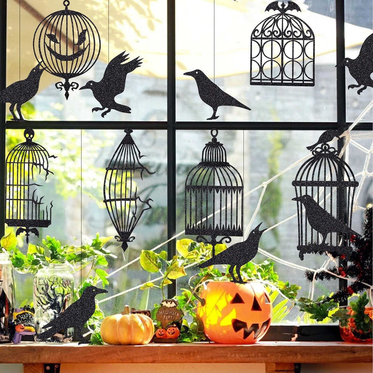 Black Crow &#x26; Cage Garland for Gothic Glitter Halloween Sticker Decals Tree Hanging Decorations Raven Bird and Cage Banner Garland Backdrop for Horror Theme Birthday Party Supplies