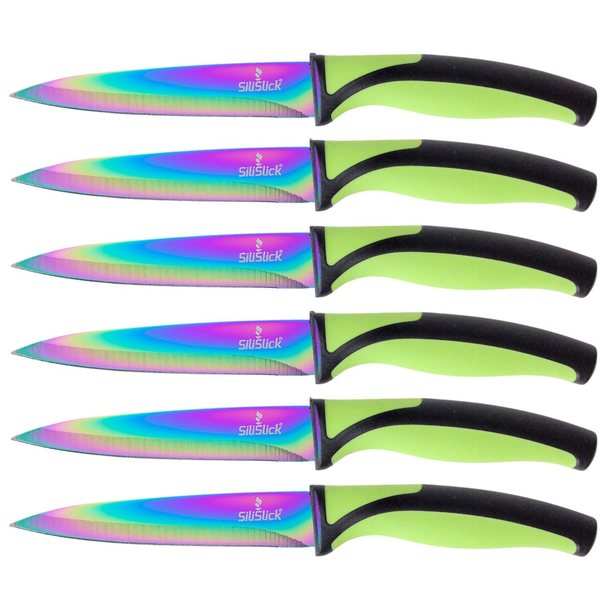 Silislick Stainless Steel Steak Knife Set Titanium Coated Iridescent Green 6 Pcs