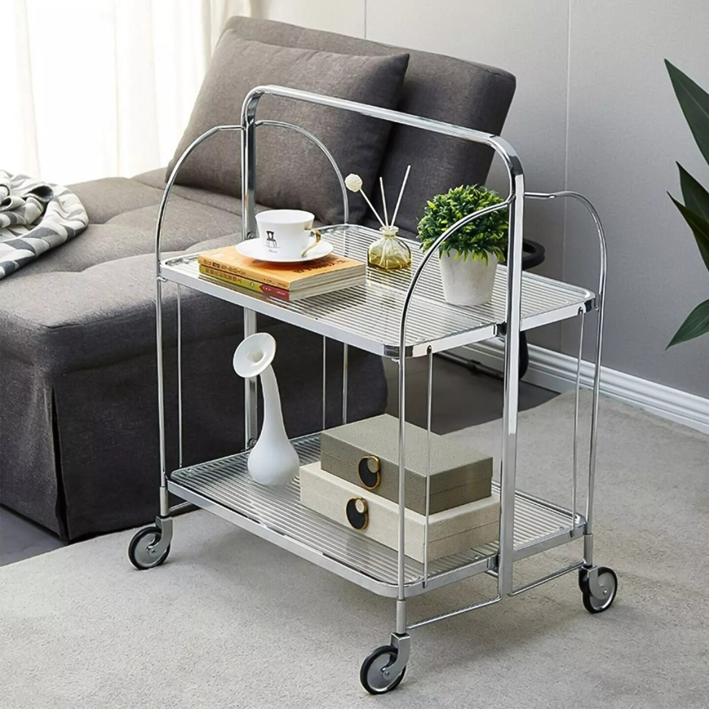 Folding Bar Rolling Dining Car Trolley Cart Serving Cart Home Cart Storage Glass