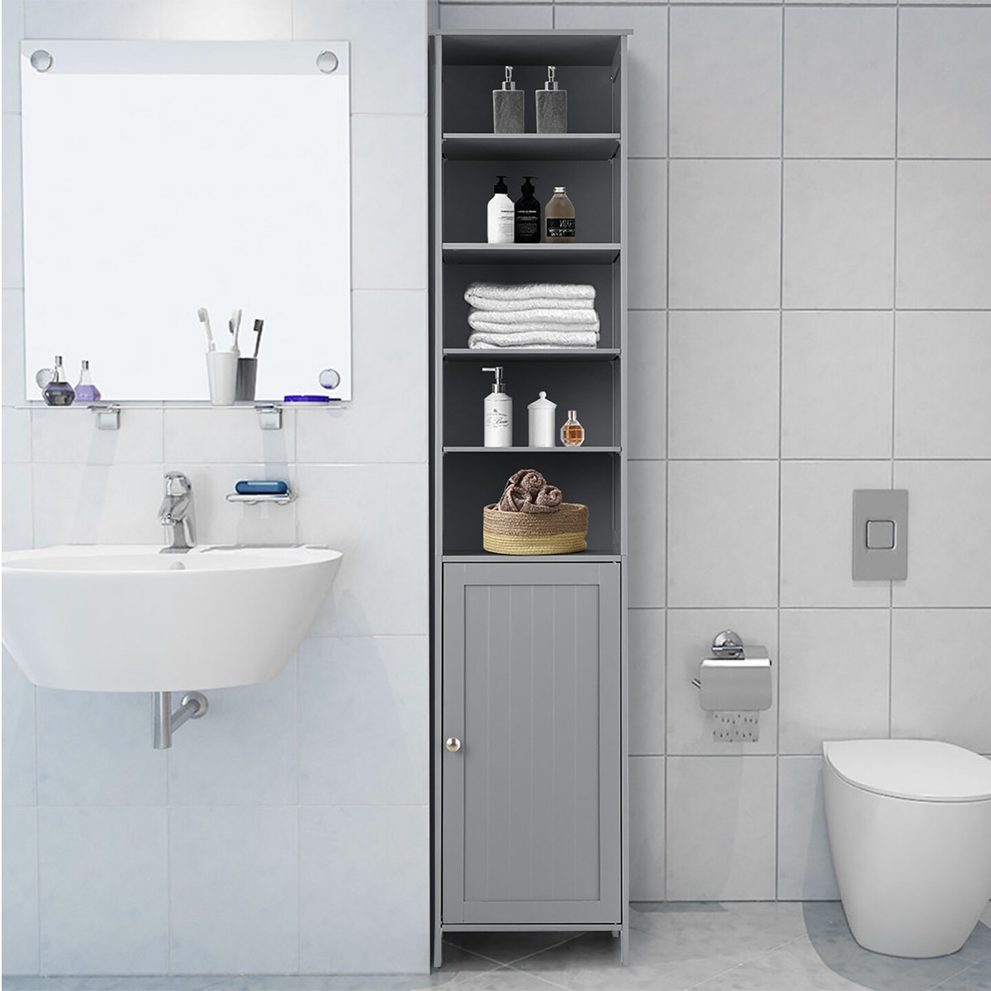 Costway 72&#x27;&#x27;H Bathroom Tall Floor Storage Cabinet Shelving Display Grey\White