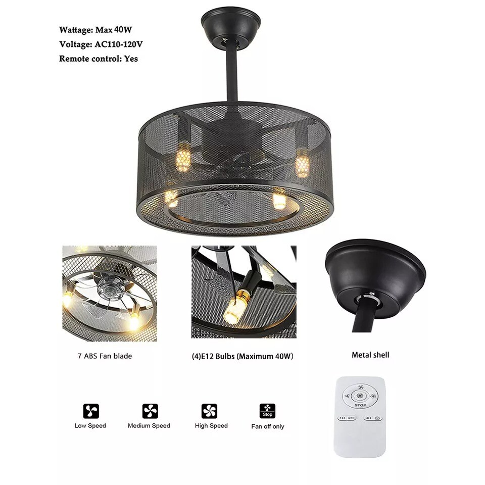 18 Inch Ceiling Fan Light Cage Enclosed Pendant Lamp Industrial Chandelier Black