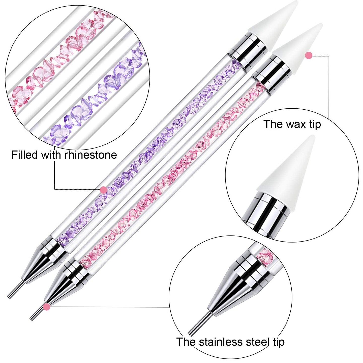 2 PCS Rhinestone Picker Dotting Pen, Dual-ended Rhinestone Gems Crystals Studs Picker Wax Pencil Pen Crystal Beads Handle Manicure Nail Art DIY Decoration Tool (Pink Purple)