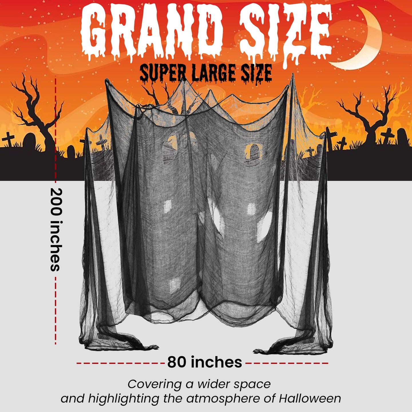 48 x 240 inc  Halloween Creepy Cloth, Spooky Giant Cheese Cloth Tapestry for Halloween Party Supplies Decorations Outdoor Yard Home Wall Decor, Black