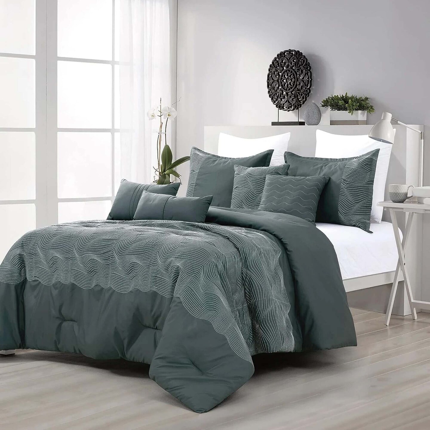 7 Piece Lena Dark Teal Embroidery Comforter Bedding Set