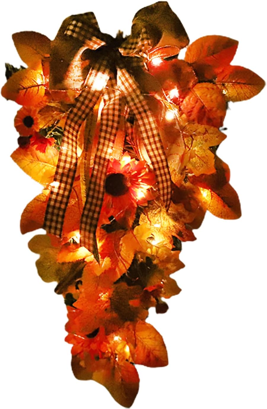 20inch Fall Teardrop Swag with Maple Leaves, Bow and Sunflowers, Autumn Decorative Swag Fall Floral Swag for Home Door Wall Decor(with Light)