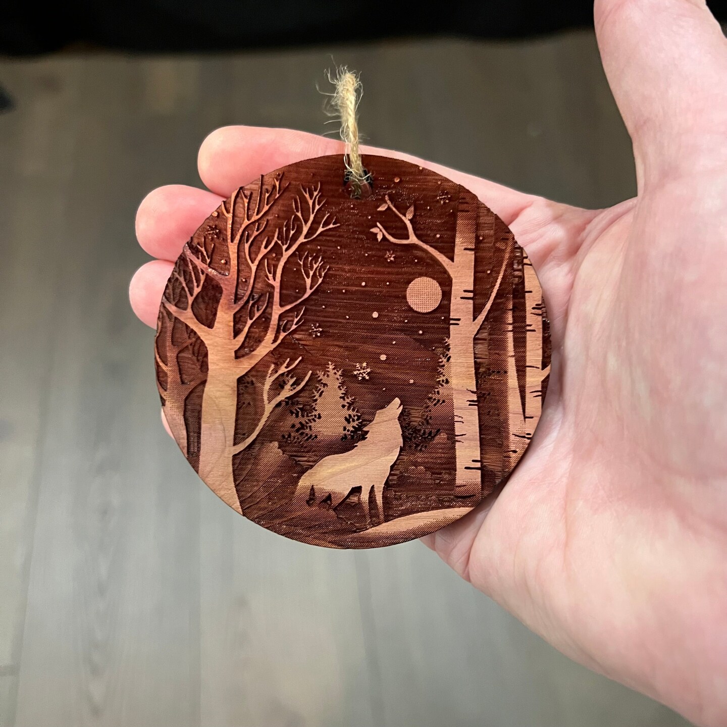Winter Wolf - Raw Cedar Ornament 3x3in