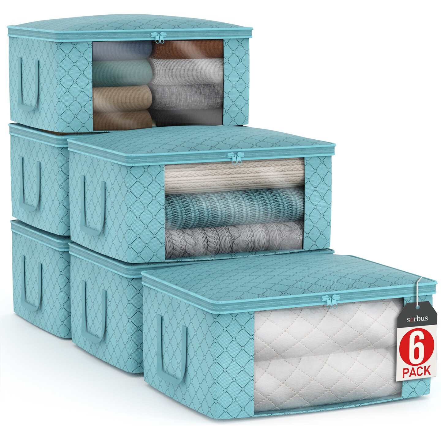 Sorbus Medium Clothes Storage Bags 6 Pack - Foldable Blanket Organizer Bins with Window, Lids, and Handles