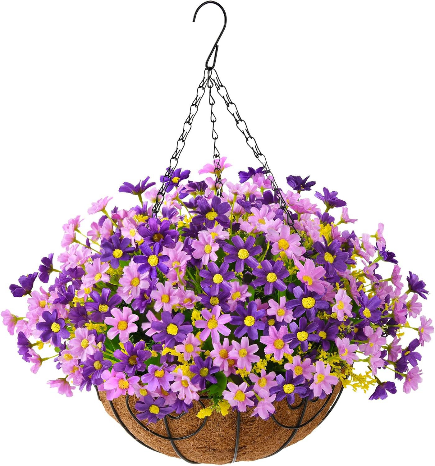 Purple Artificial Hanging Daisy Flowers in Coconut Basket