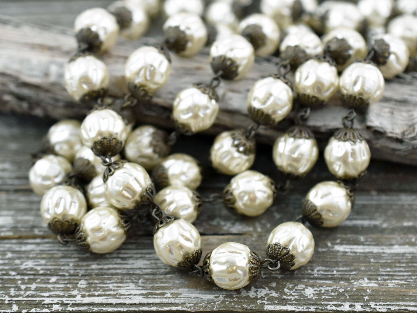 10mm Czech Glass Cream Baroque Pearl Chain with Bronze Caps -- Sold By The Foot