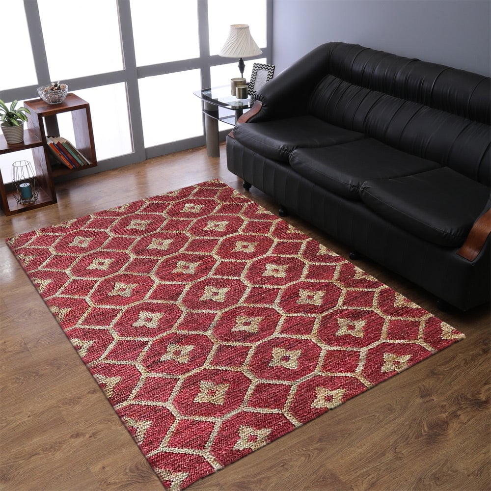 Rugsotic Hand Knotted Jute Area Rug Floral Red Beige Eco-Friendly 5X8 J00076