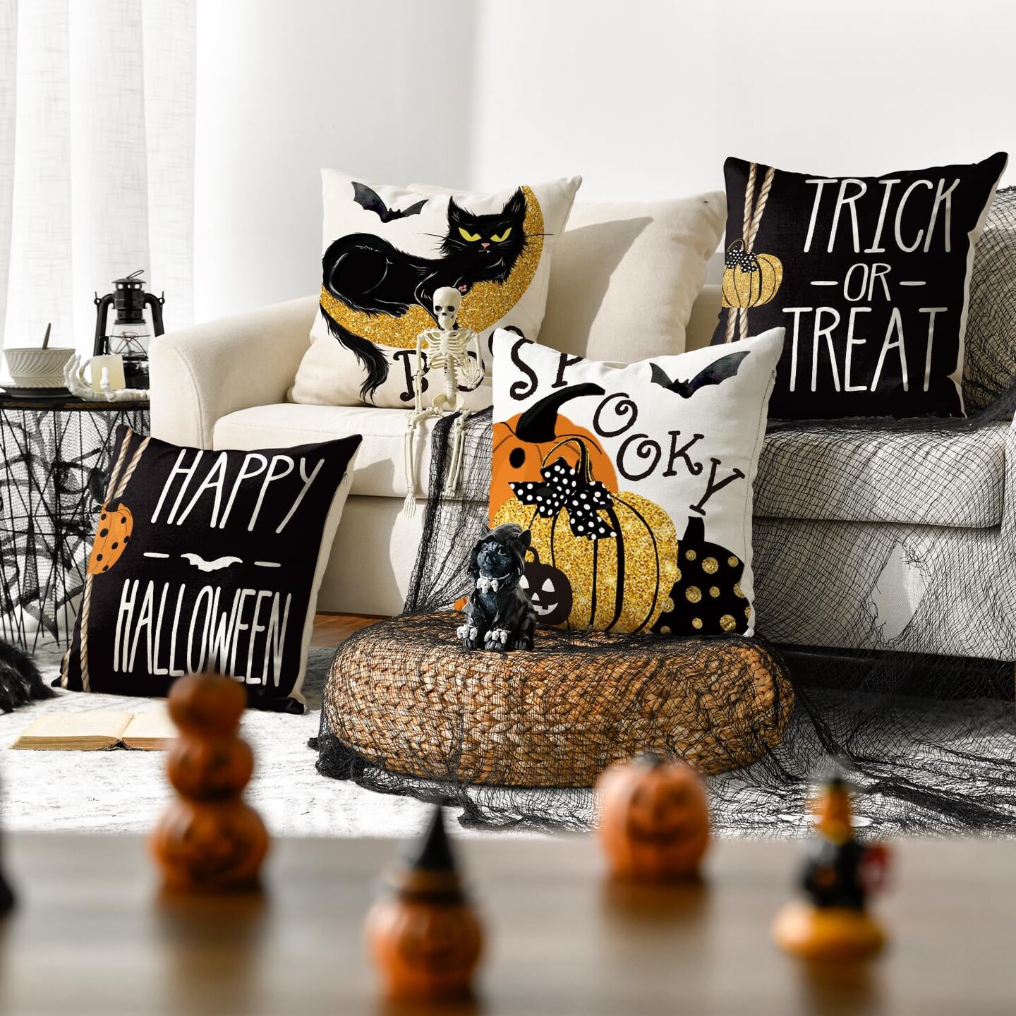 4 Pieces  Happy Halloween Boo Black Cat Trick or Treat Throw Pillow Covers, 18 x 18 Inch Spooky Pumpkin Bat Cushion Case for Sofa Couch