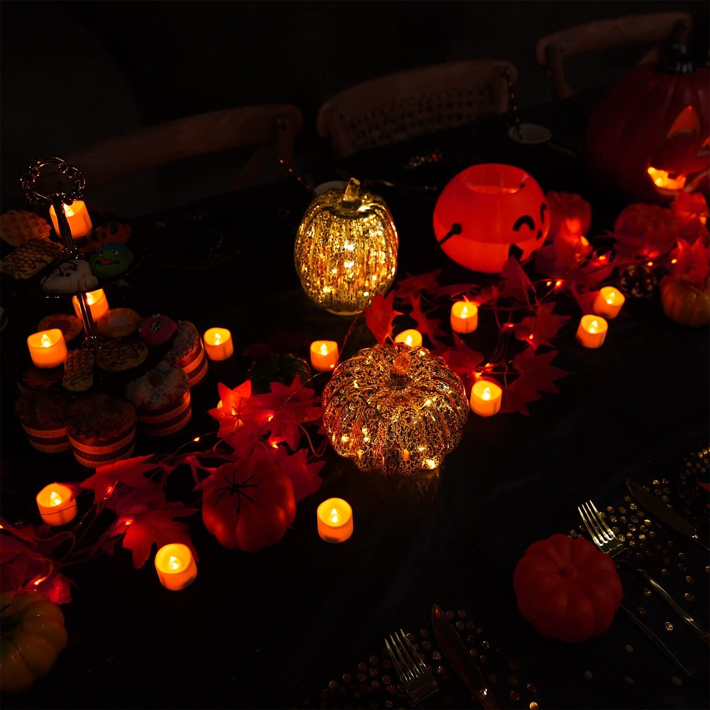 12 Pieces HalloweenOrange Tea Light Candles, Battery Operated LED Tealights, Small Pumpkins Lights, Flameless, Electric Fake Tea Candles, 1.4&#x22;x1.25&#x22;