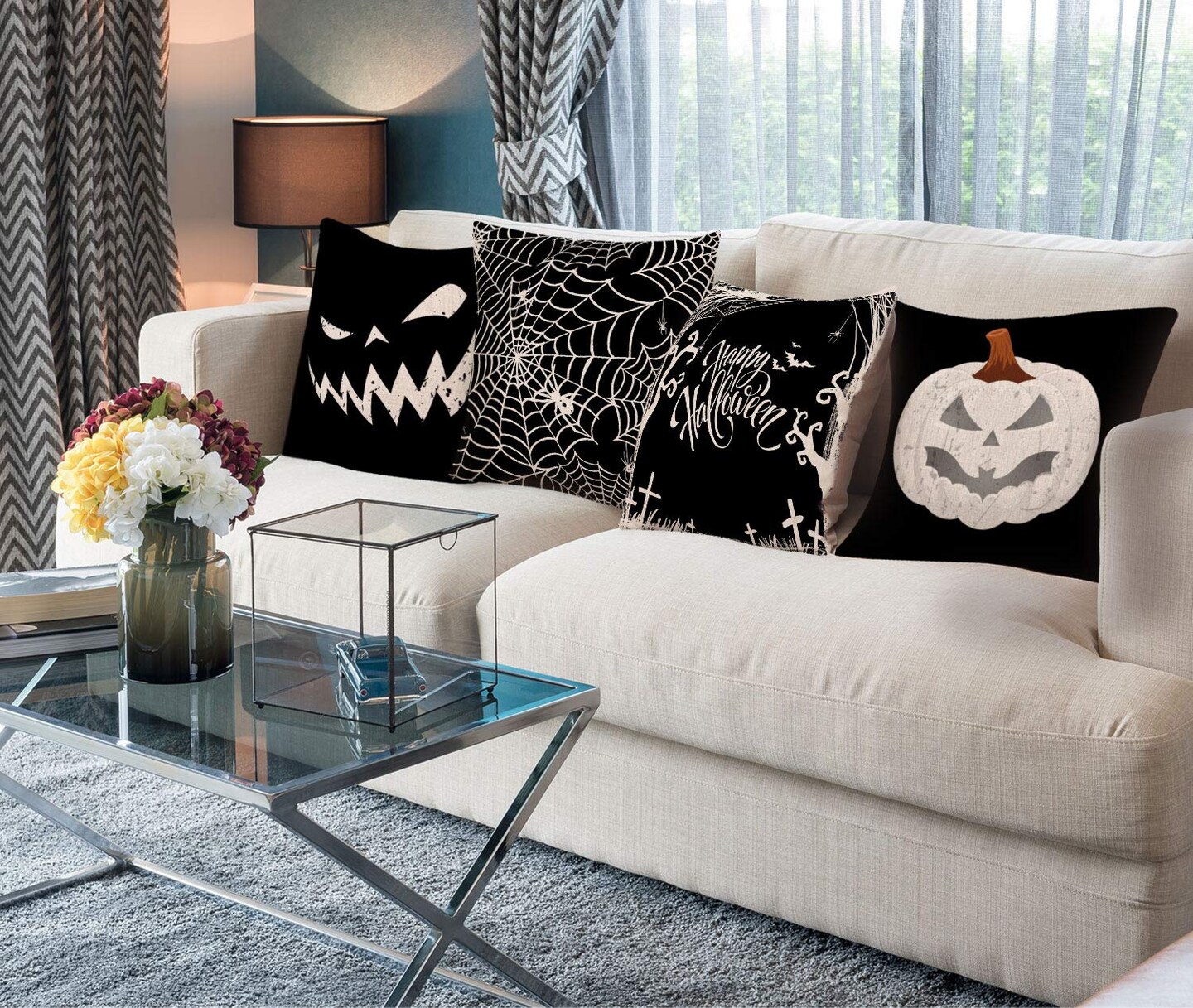 4 Pieces Happy Halloween Pillow Cover Pumpkin Spider Web Pillow Case Black Linen Throw Cushion Cover Cushion Cases for Home Office Halloween Sofa Bed Decoration, 18&#x22; x 18&#x22;