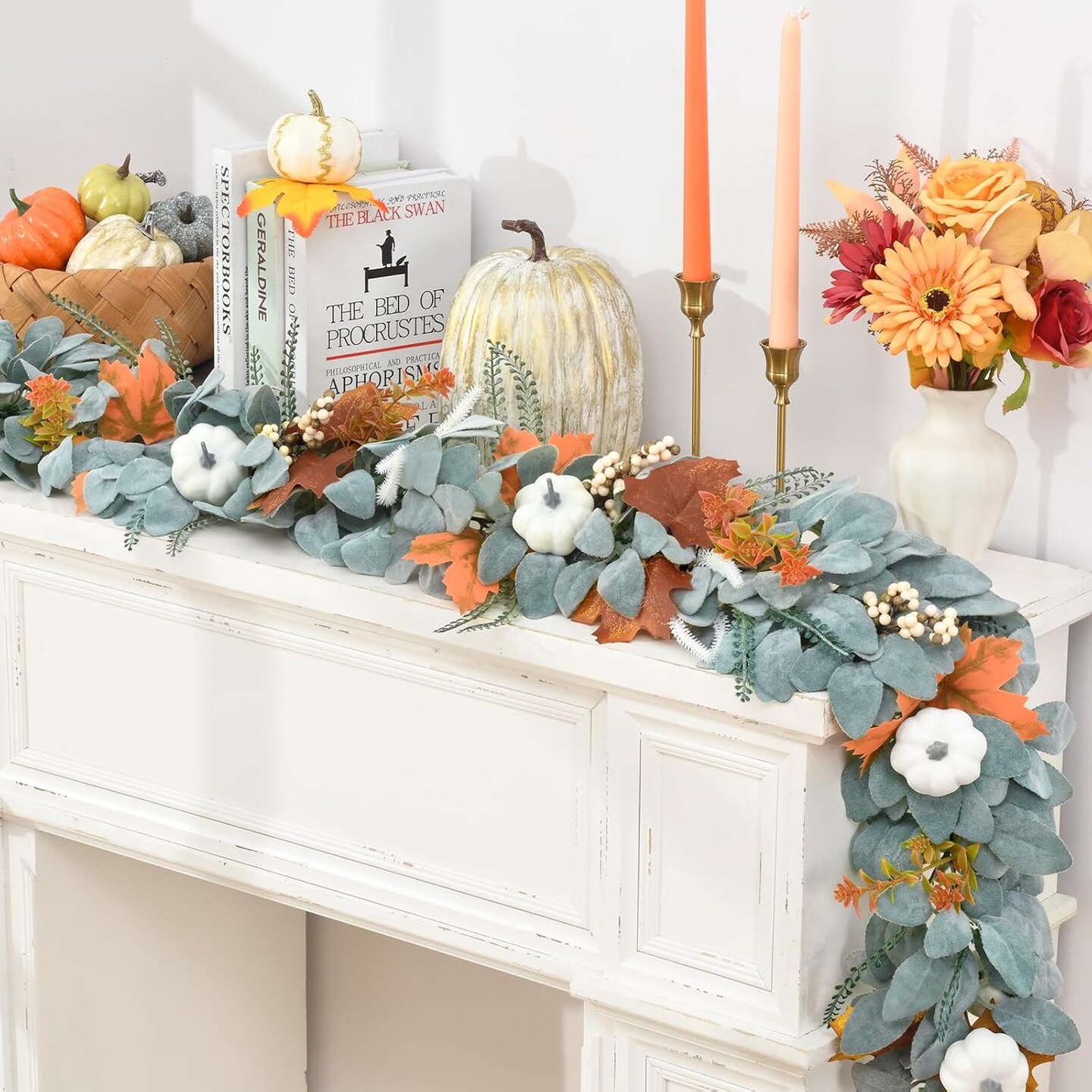 Mantle, Fall Leaves Garland with Pumpkin Maple Leaves for Autumn Home Table Thanksgiving Farmhouse Decorations