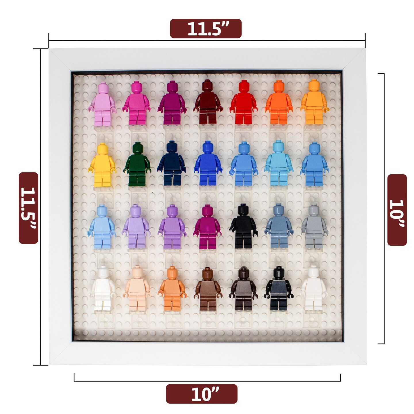 12x12 Wood Shadow Box Display Case Frame for Block Figures | Holds up to 28 Figurines - Display Brackets Included | UV Acrylic and  White Base