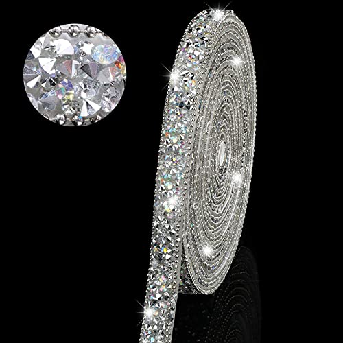 3 Yards Resin Rhinestone Ribbons Self Adhesive Diamond Ribbon Crystal Roll Glitter Bling for DIY Art Crafts (Silver AB Color, 0.4 Inch)