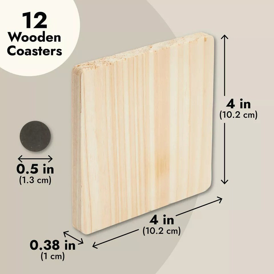 Wood Coasters, 12 Pack Square Unfinished Wooden Coasters with Non-Slip Foam Dot