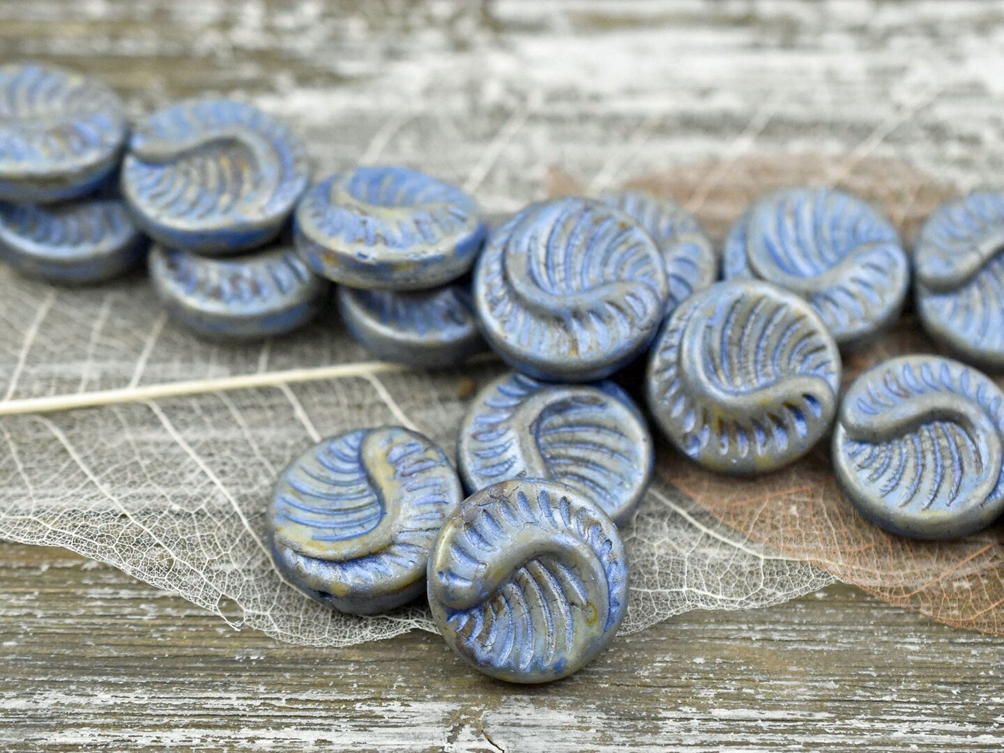 *6* 19mm Alabaster Celestial Blue Fossil Coin Beads