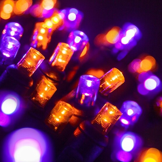 70 5mm Purple, Orange LED Halloween Lights, 4&#x22; Spacing, Black Wire