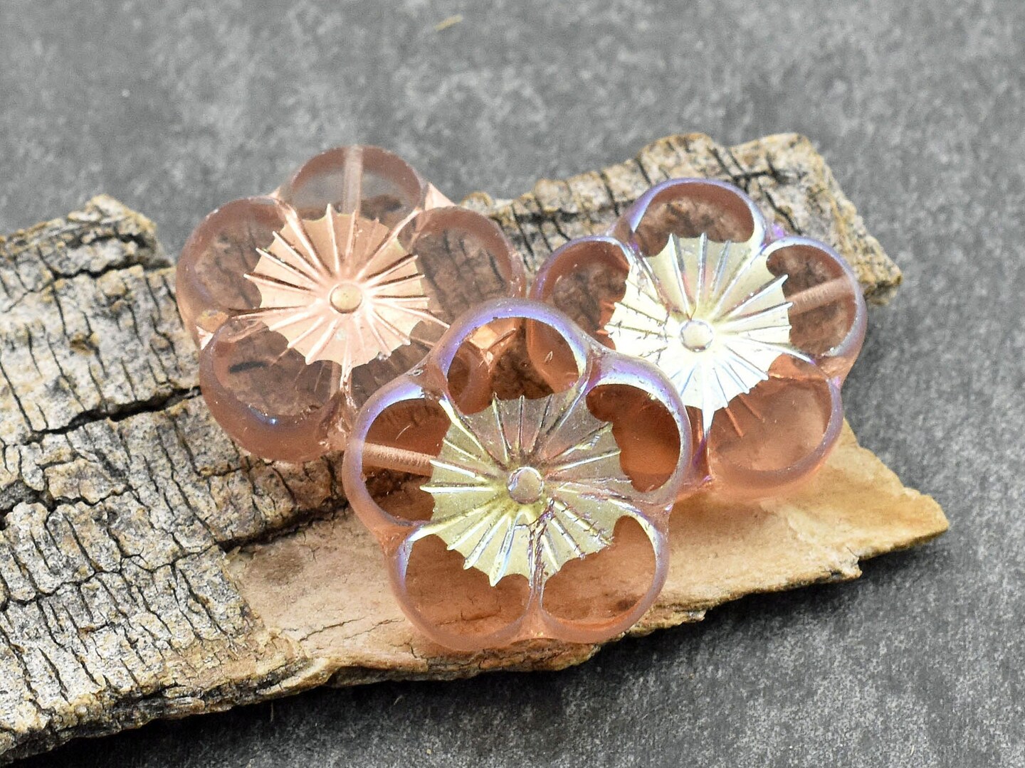 *2* 22mm Copper AB Washed Translucent Rosaline Table Cut Hawaiian Flower Beads