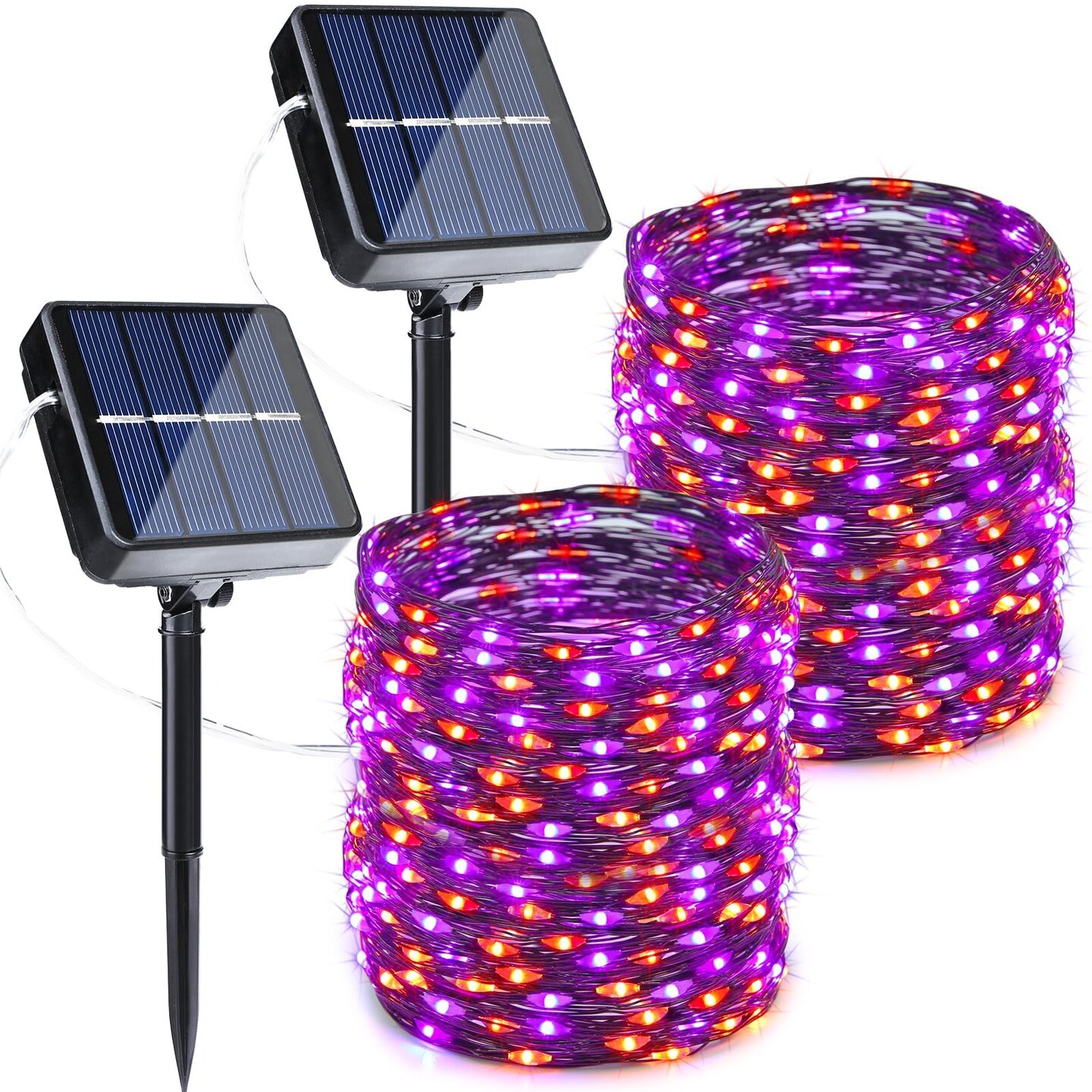 2 Pieces Orange Purple Halloween Solar String Lights Total 100ft 300LED 8 Modes Solar Fairy Lights, Waterproof Lights Black Wire for Halloween Decorations