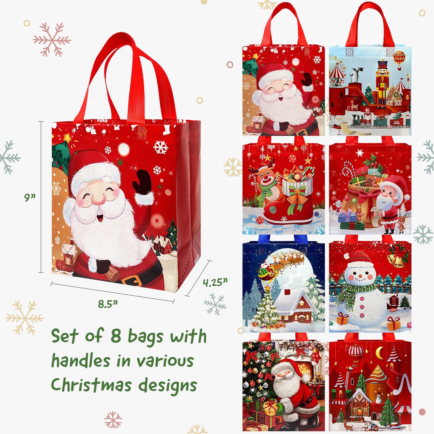 Wrapables Non-Woven Reusable Cheerful Christmas Gift Bags with Handles for Gift Wrap, Parties, Favors and Treats (Set of 8), Santa and Sleigh Ride