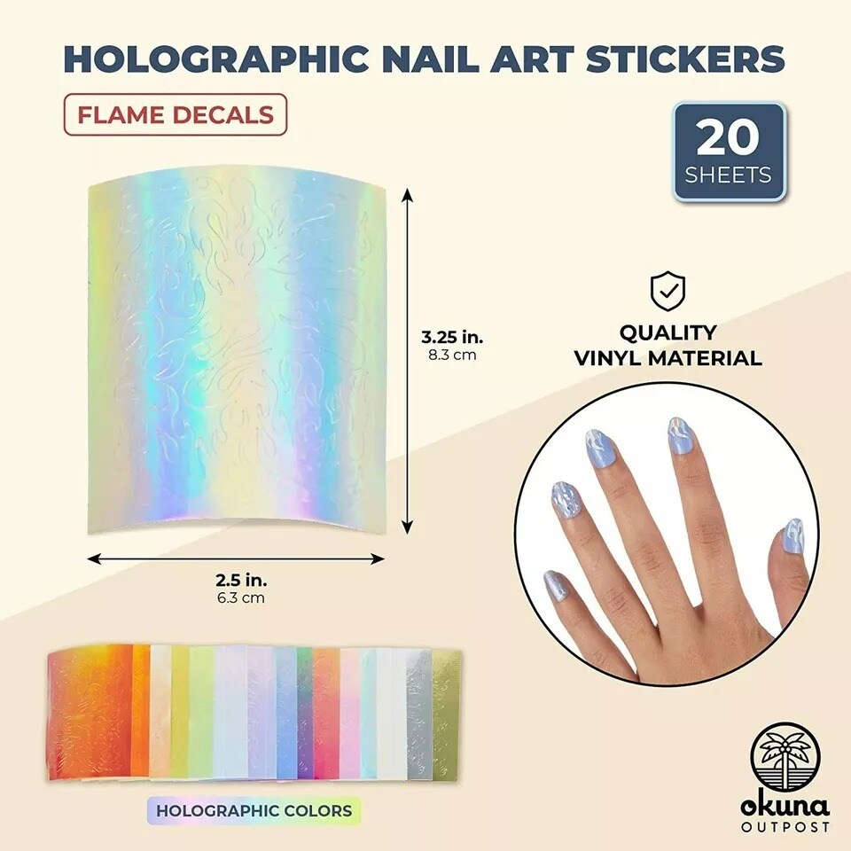 20 Sheets Holographic Nail Art Transfer Foil Sticker Fire Flame Vinyls Decals