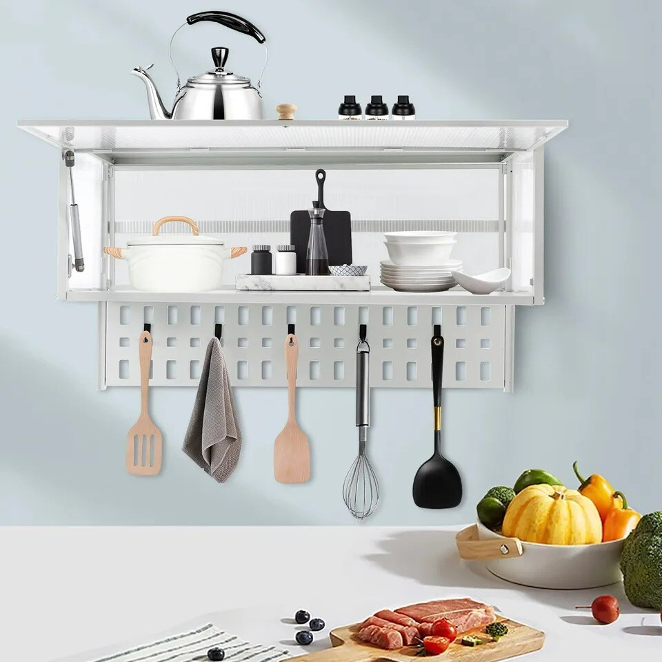 Wall Mount Storage Cabinet Kitchen Cookware Hanging Organizer Cupboard w/Hooks
