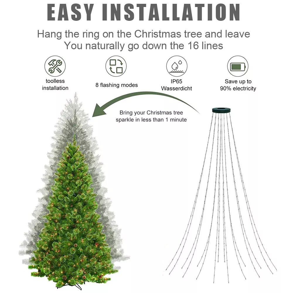 Kitcheniva 6.56FT x 16 Lines 320 LED Christmas Tree Waterfall String Lights