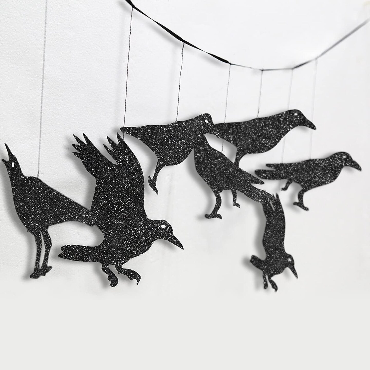 Black Crow &#x26; Cage Garland for Gothic Glitter Halloween Sticker Decals Tree Hanging Decorations Raven Bird and Cage Banner Garland Backdrop for Horror Theme Birthday Party Supplies
