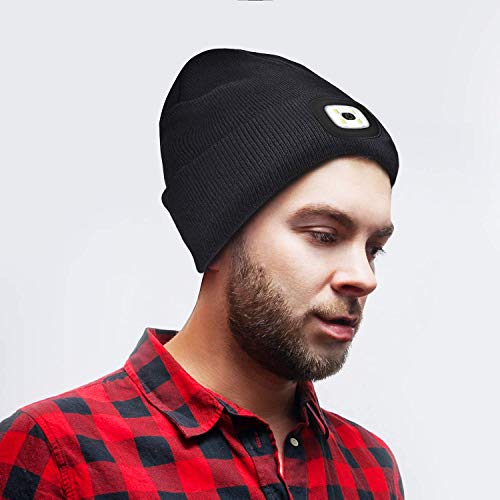 Unisex Beanie with Light Gifts for Men Dad Father Husband USB Rechargeable Hands Free LED Headlamp Cap Mens Gifts A-Black