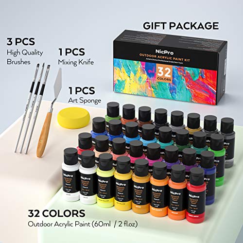 32 Colors Outdoor Acrylic Paint Bulk with Brush and Sponge, Knife, Non-Toxic Paint for Multi-surface Rock, Wood, Fabric, Leather, Crafts, Canvas, Shoes and Wall Painting