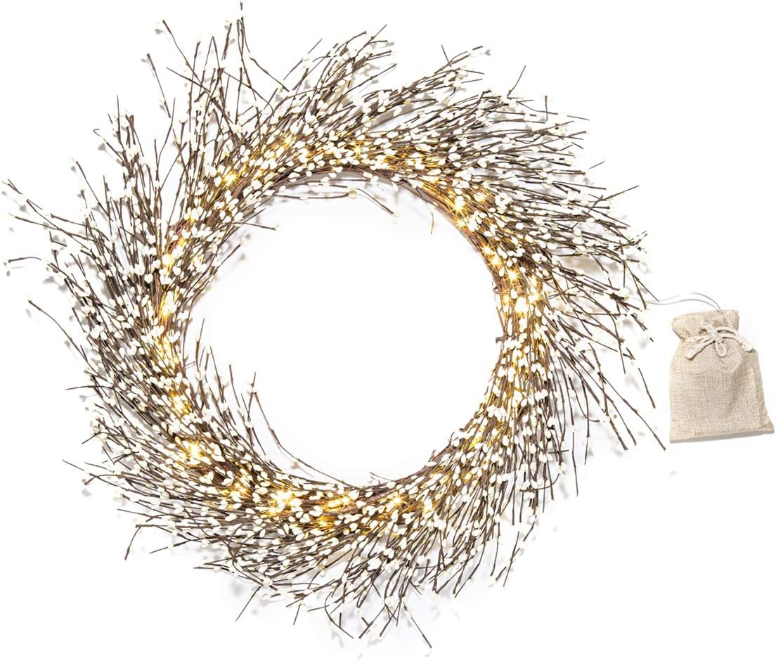 22 Inch White Pip Berry Grapevine Wreath with 100 LED Lights, Timer, Battery Powered, Fall Wreath, Farmhouse Wreath, Christmas Decorations Holiday Decor