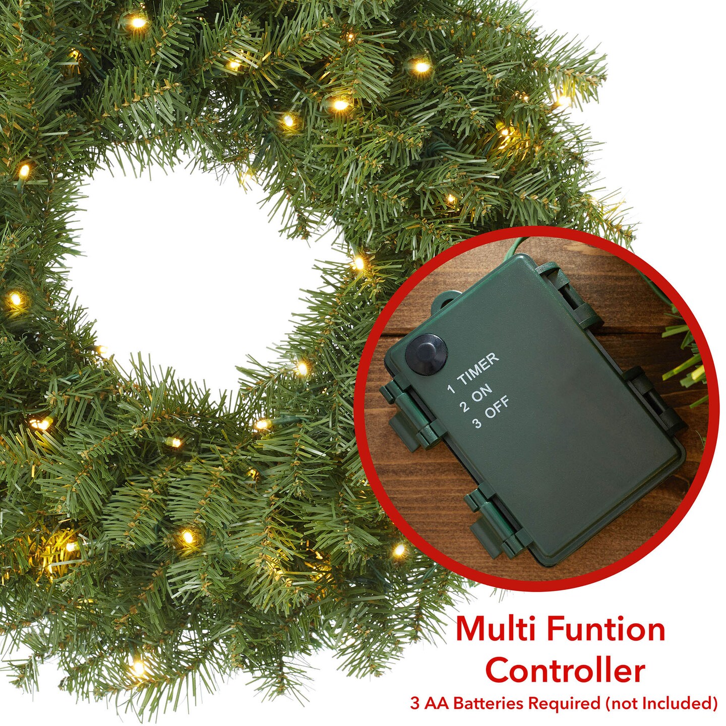 Casafield Pre-Lit Artificial Christmas Wreath for Front Door, Window or Mantel, Green Fir with White Lights Indoor/Outdoor Holiday Decor, 24 Inches