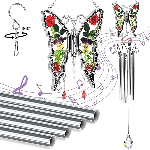 Wind Chimes Butterfly Wind Chimes for Outside Real Flower Outdoor Windchimes Gifts for mom Grandma Birthday Nana Gifts Garden Balcony Home D&#xE9;cor Wind Chimes with S Hook Memorial Wind Chimes