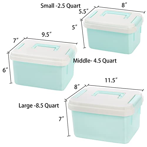 3 Pack Plastic Storage Latch Bin with Lid, 2.5/4.5/8.5 Quart Stackable Plastic Storage Bin Tote Organizing Container with Latches and Folding Handle for Toys, Snacks, Stationary