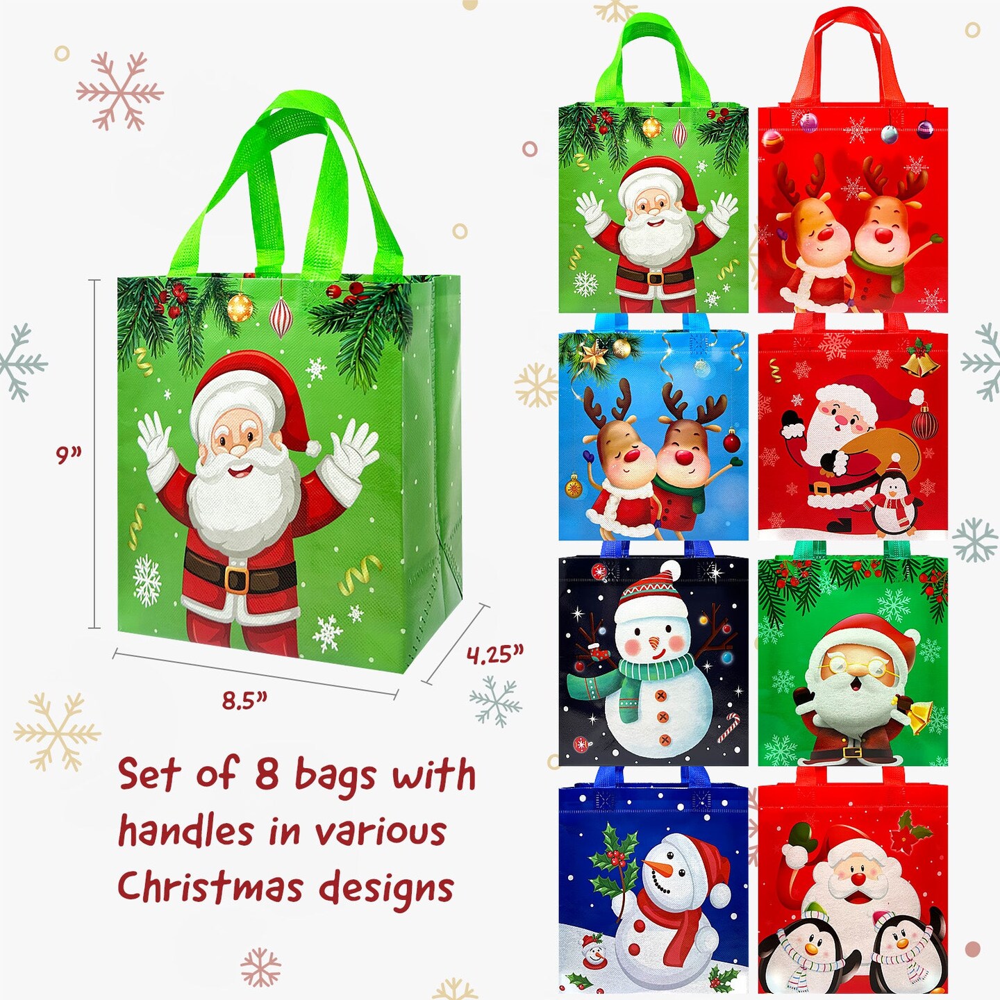 Wrapables Non-Woven Reusable Cheerful Christmas Gift Bags with Handles for Gift Wrap, Parties, Favors and Treats (Set of 8), Holiday Cheer