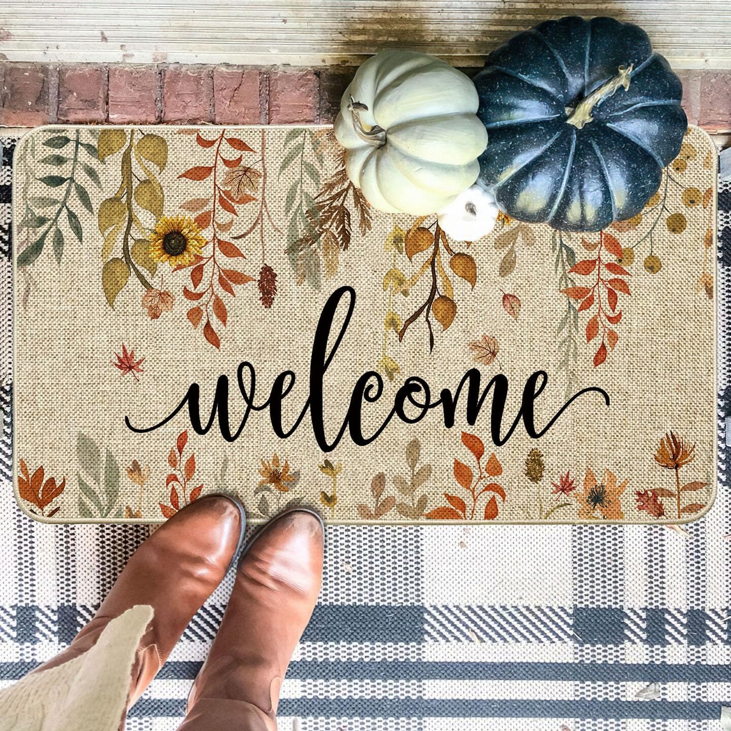 Welcome Fall Doormat Eucalyptus Leaves Sunflowers Door Mats Indoor Outdoor Patio Non-Slip Durable Entrance FloorMat for Home, Outside, Yard, Patio 17x29.5 Inch