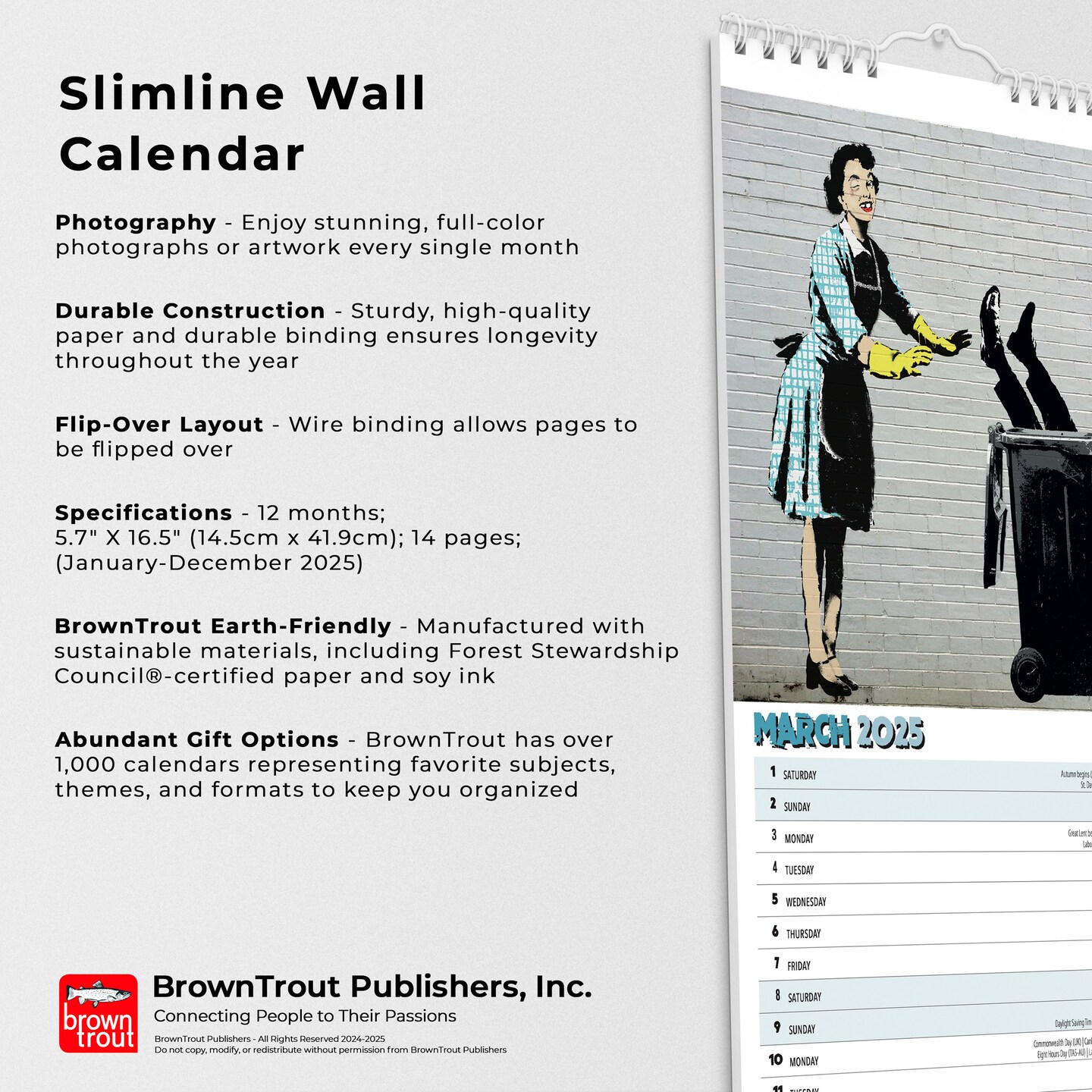 Banksy&#x27;s Graffiti OFFICIAL | 2025 5.7 x 16.5 Inch Monthly Slimline Wall Calendar | BrownTrout | Drawings Street Art Design