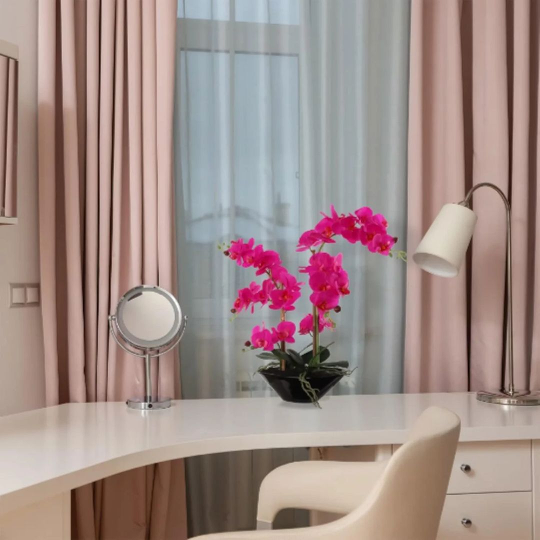 Fuchsia Phalaenopsis Orchid 20" with 6 Buds in Black Vase - Lifelike Silk Flower Arrangement for Elegant Home & Office Decor - Realistic Orchid Design, Floral Home by Artificial Flowers