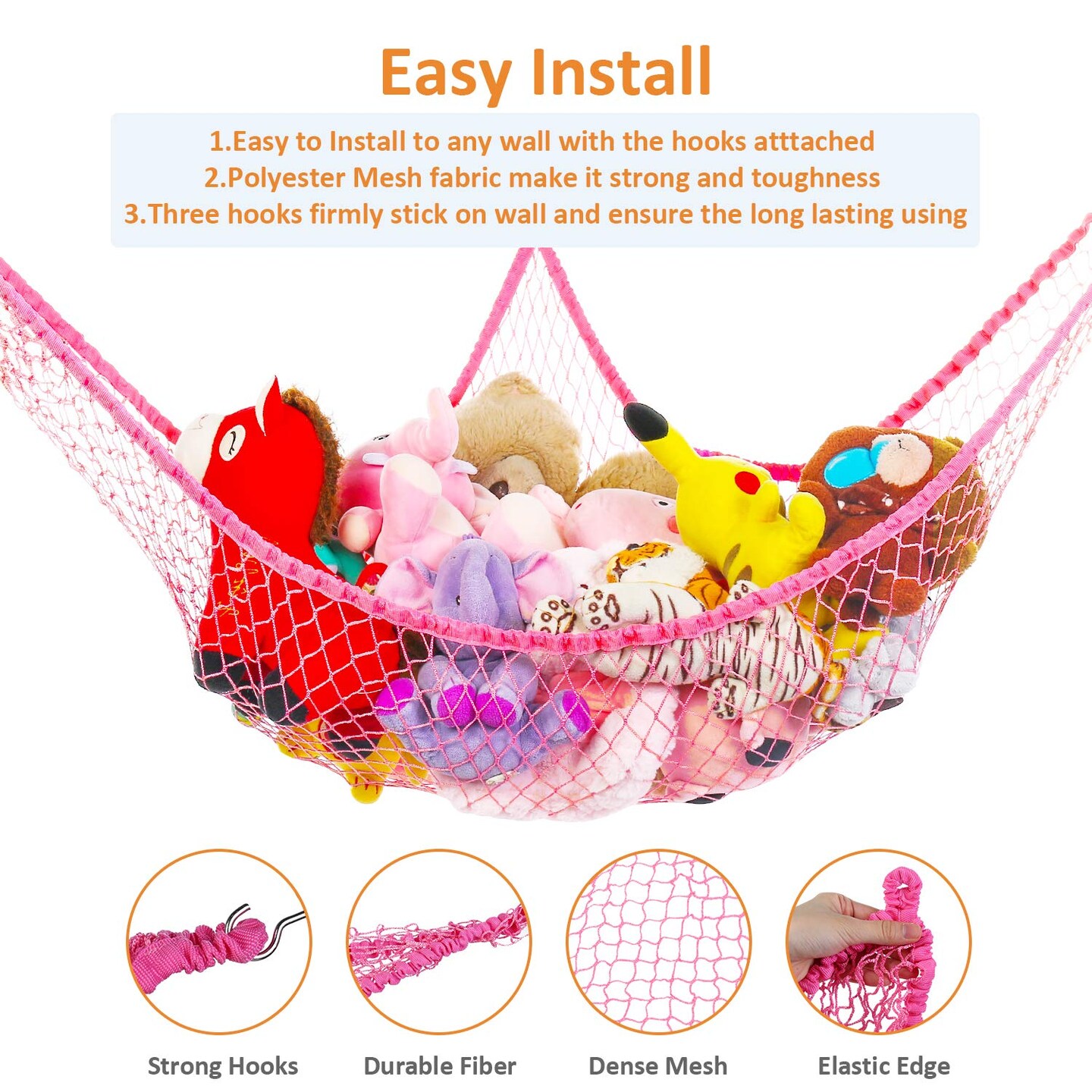 Jumbo Toy Hammock Stuffed Animals and Toy Storage Hammock Net 70&#x22; Wall Sling Corner Extra Large Kids Children Mesh Toy Net Organizer Pink