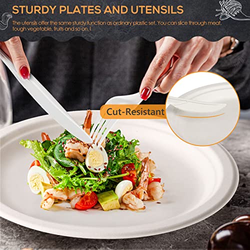250 Pieces Compostable Paper Plates Disposable Plates Heavy-Duty Paper Plates Biodegradable White Plates for Party Sugarcane Plates Cornstarch Forks Knives Spoons for 50 Guests