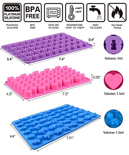 3 Pieces Silicone Chocolate Molds, Reusable Candy Baking Mold Ice Cube Trays Candies Making Supplies with 2 Droppers, Nonstick Silicone Gummy Molds Including Mini Dinosaur, Hearts, Bear Shape
