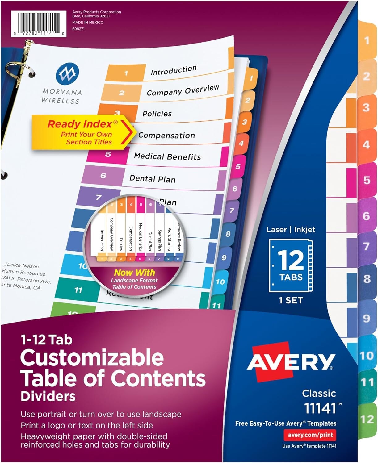 12 Tab Dividers for 3 Ring Binders, Customizable Table of Contents, Multicolor Tabs, 1 Set (11141)