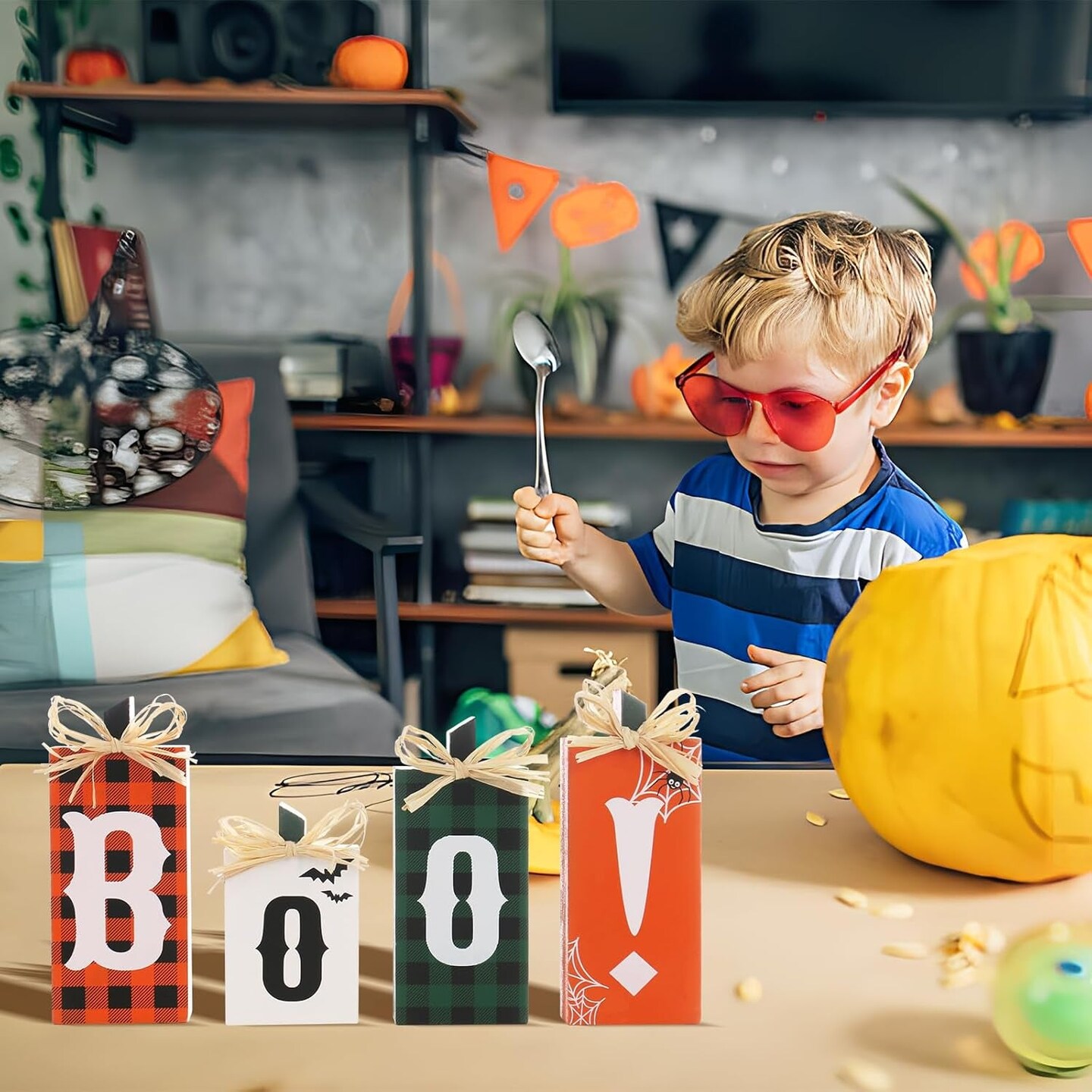 Halloween Decorations,  Wooden Boo Sign Block Tabletop Decorations, for Home Farmhouse Indoor Party Fireplace Decor.