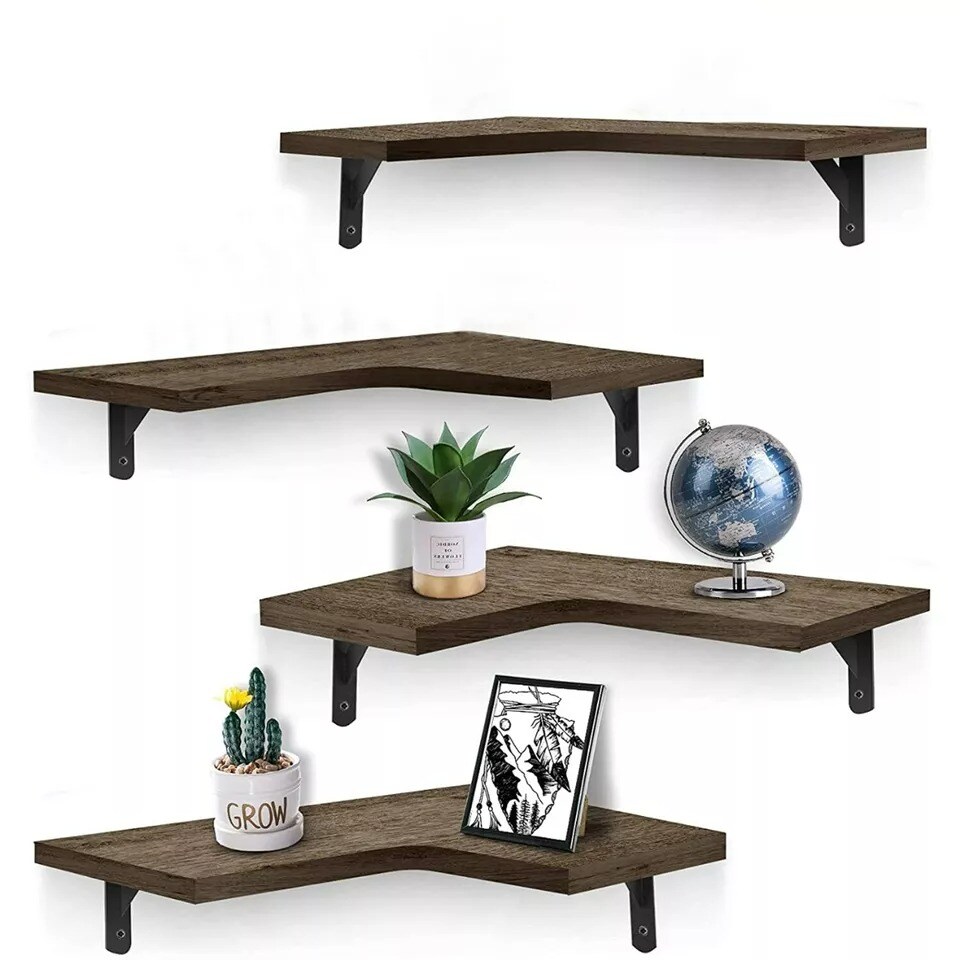 Set of 4 Corner Wall Shelf Wood Floating Storage Shelves Display Decor Bedroom