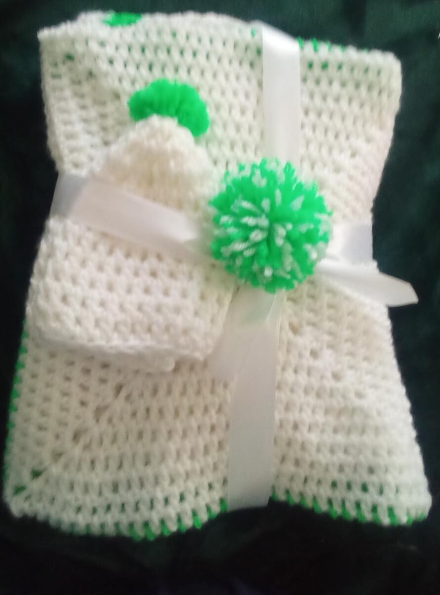 product name is Handmade Crochet Baby Blanket, Security Blanket, Crib, Carriage or Bassinet Blanket