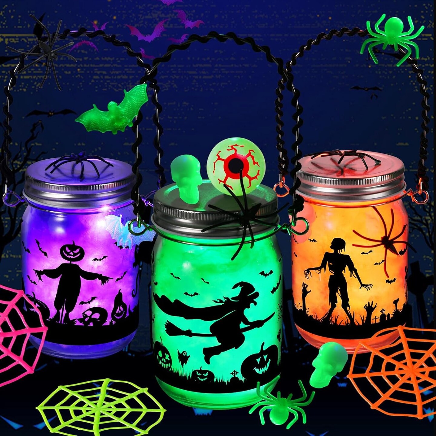 Halloween DIY Lantern Craft Kit, 3 Pack Glass Mason Jar with Accessories Halloween Crafts for Kids Adults Halloween Garden Creative Activities Halloween Decoration Art Project Gifts