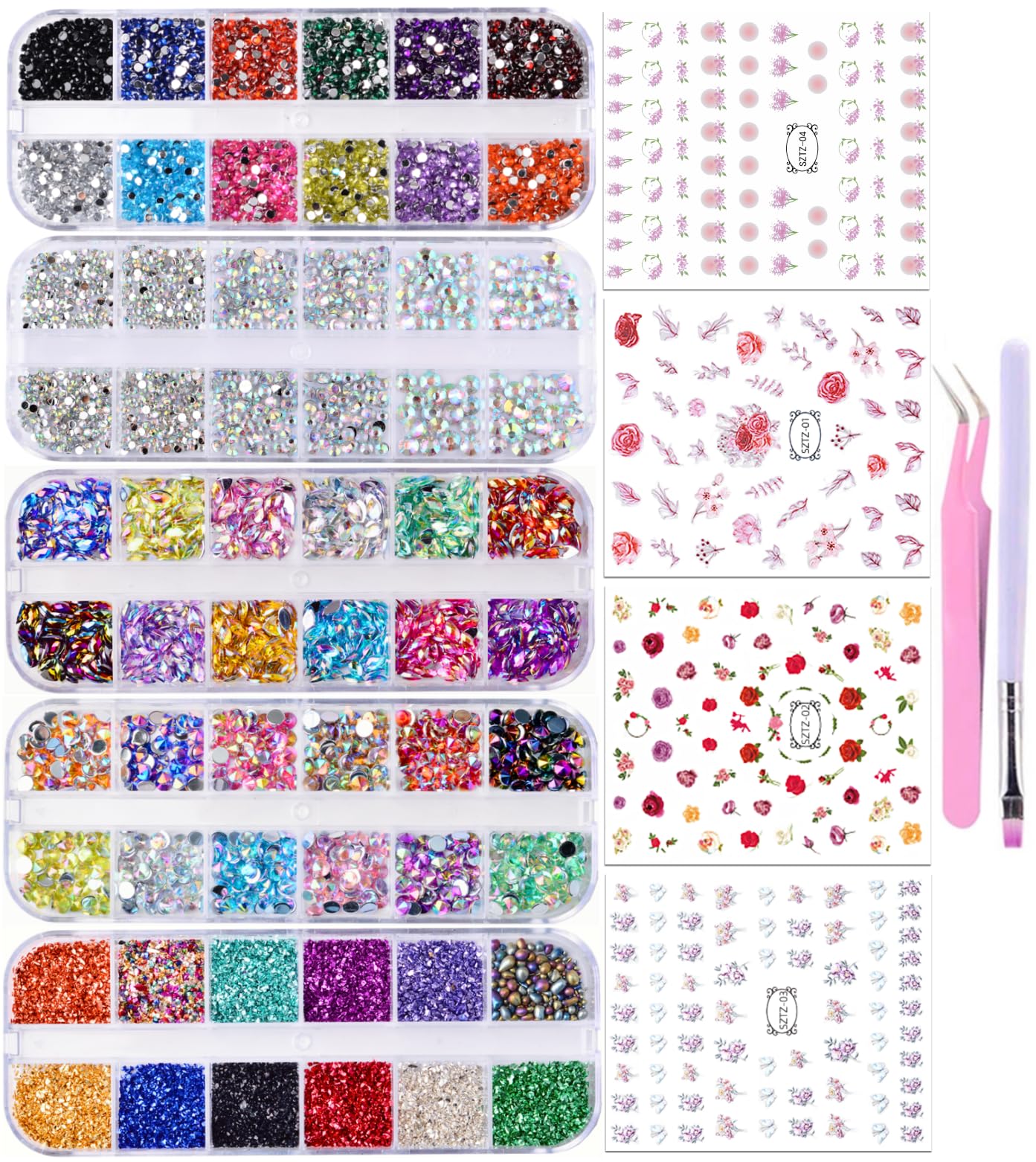 5000 Pieces (5 Boxes) Shiny Colorful Nail Art Rhinestones Nail Stone Gems Design Kit and 4 sheets flower nail art stickers with a Curved Tweezers and a Nail Brush (multicolor)